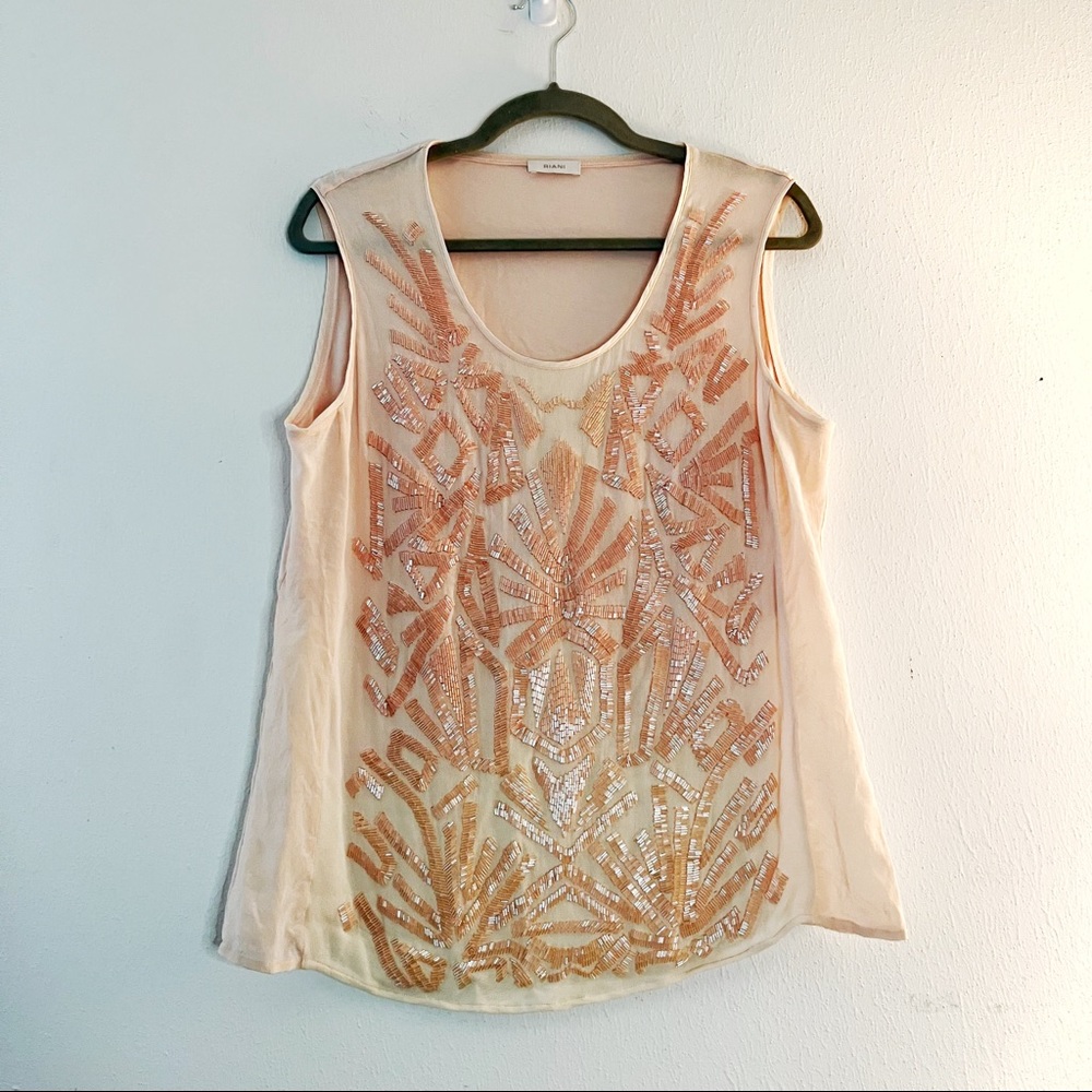 RIANI Blouse Pale Pink Beaded Front Sleeveless Tank EUC Sz L (See Measurements)